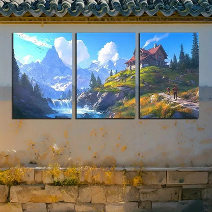 3pcs Scenic Mountain Landscape with Forest Hut Metal Print Ready to Hang Art - Bella Home Decor