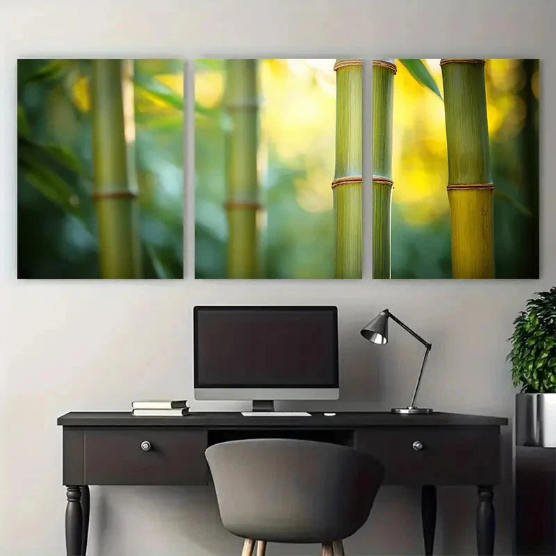 3pcs Vibrant Green Bamboo Nature Illustration Wall Art Set Canvas Framed 50x70cm - High Quality Print 100% Australian Made Wall Canvas Ready to Hang