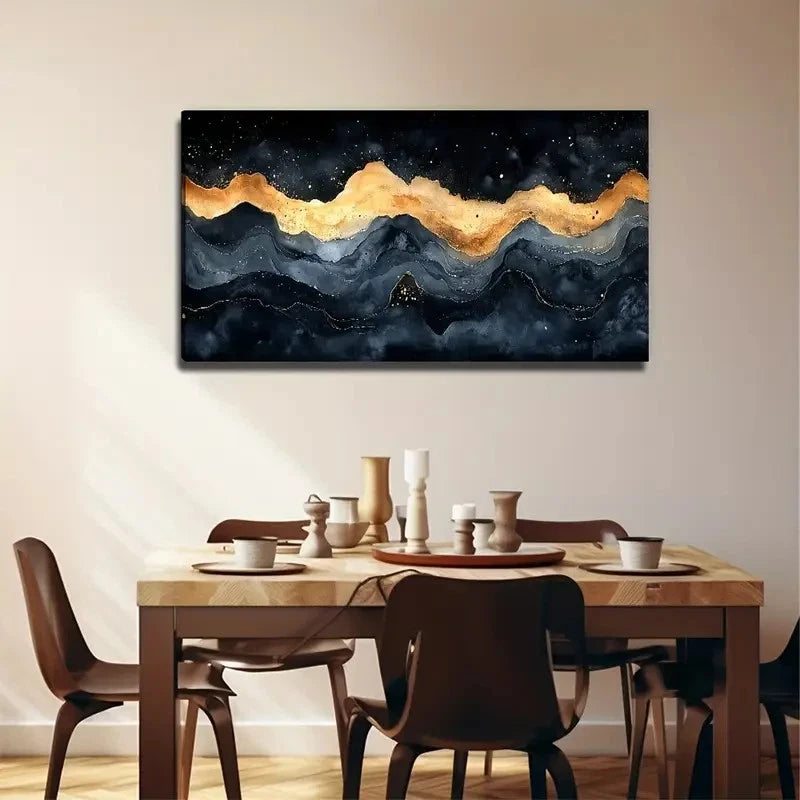 Golden Waves On Dark Night Sky Wall Art Canvas Office Home Room Framed 120x60cm