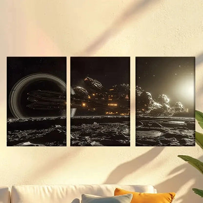 3pcs Starship Illustrations with Planets Nebulae Wall Art Set Canvas Framed 60x90cm - High Quality Print 100% Australian Made Wall Canvas Ready to Hang
