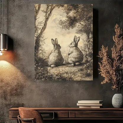 Beautiful Retro Rabbits In The Forest Painting 40x60cm Metal Print Ready to Hang