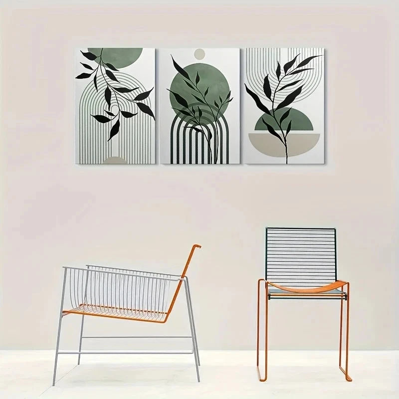 3pcs Abstract Green Leaf Geometric & Botanical Metal Print Ready to Hang Art - Bella Home Decor