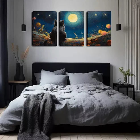 3pcs Under The Moon, A Black Cat Wall Art Set Wall Art Canvas Unframed - High Quality Print 100% Australian Made Wall Canvas