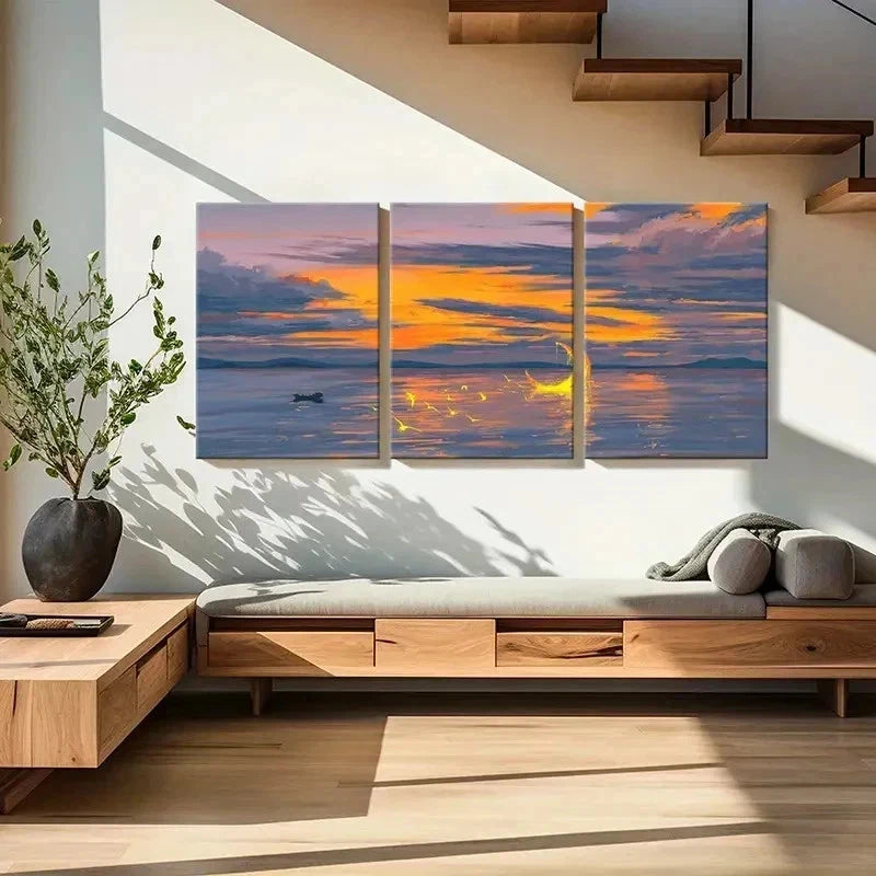 3pcs Sea Surface At Dusk and Moon Wall Art Set Canvas Framed 50x70cm - High Quality Print 100% Australian Made Wall Canvas Ready to Hang