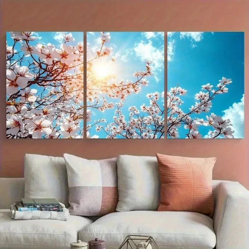 3pcs Blossom Tree Under Sun Blue Skies Metal Print Ready to Hang Art - Bella Home Decor