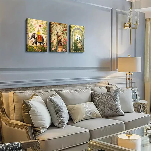 3pcs Woman in Garden, Peacock & Elephant Wall Art Canvas Unframed - High Quality Print 100% Australian Made Wall Canvas