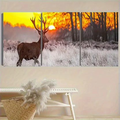 3pcs Golden Hour Deer in Forest Wall Art Set Canvas Framed 50x70cm - High Quality Print 100% Australian Made Wall Canvas Ready to Hang - Bella Home Decor