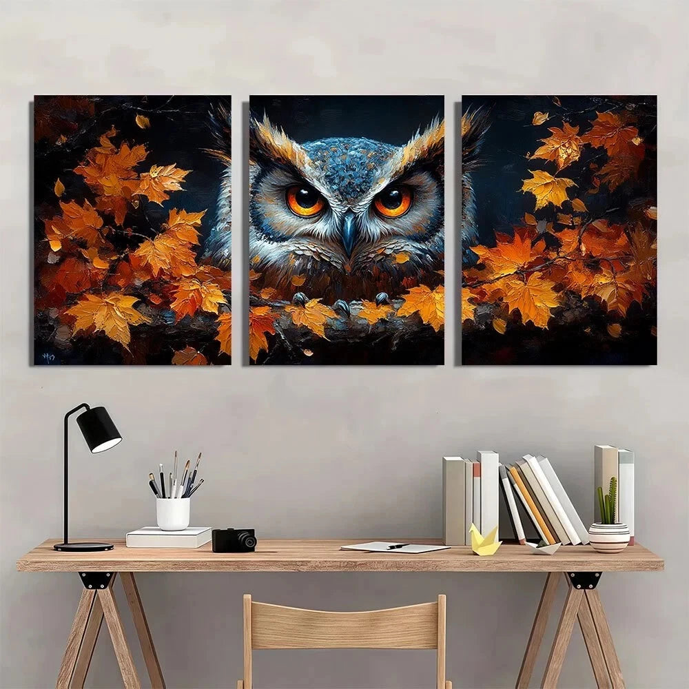 3pcs Halloween Owl Autumn Leaves Metal Print Ready to Hang Art - Bella Home Decor