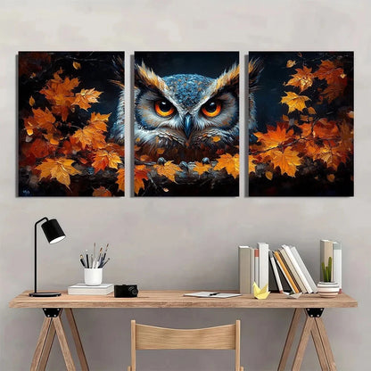3pcs Halloween Owl Autumn Leaves Metal Print Ready to Hang Art - Bella Home Decor