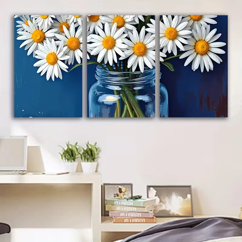 3pcs Painting White Daisies in a Glass Wall Art Set Canvas Framed 60x90cm - High Quality Print 100% Australian Made Wall Canvas Ready to Hang