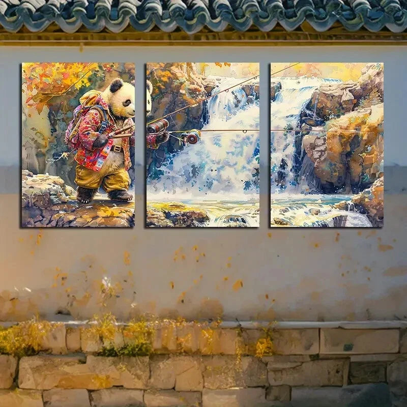 3pcs Whimsical Panda Fishing Metal Print Ready to Hang Art - Bella Home Decor