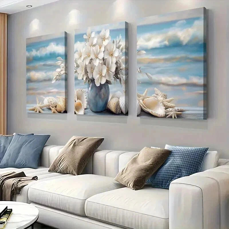 3pcs White Flowers in Blue Vase with Seashells Wall Art Set Canvas Framed 50x70cm - High Quality Print 100% Australian Made Wall Canvas Ready to Hang - Bella Home Decor