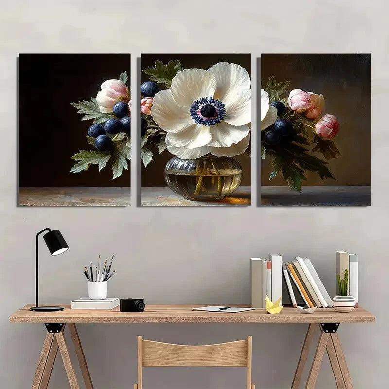 3pcs Sweet Anemone & Blueberries Still Life Art Metal Print Ready to Hang Art - Bella Home Decor
