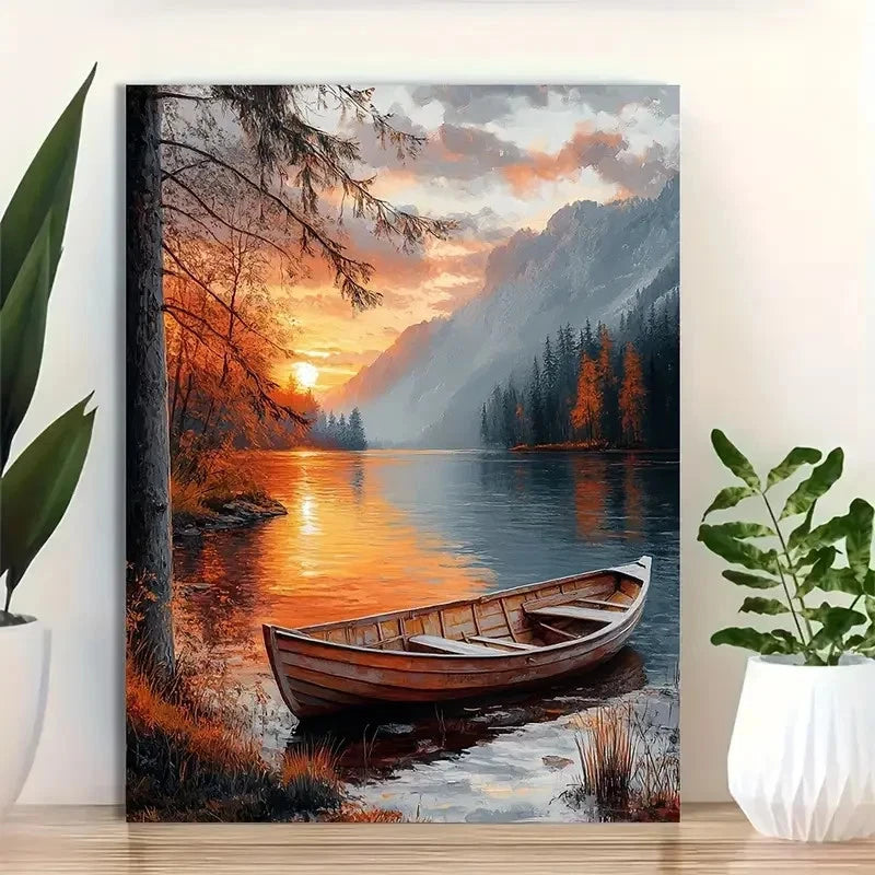 Beautiful Sunrise Lake Scenery Serene Painting 40x60cm Metal Print Ready to Hang - Bella Home Decor