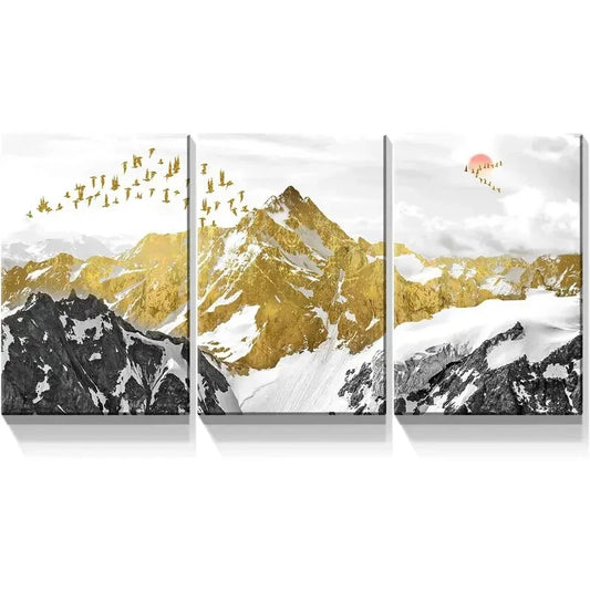 3pcs Black and White with Golden Birds Metal Print Ready to Hang Art