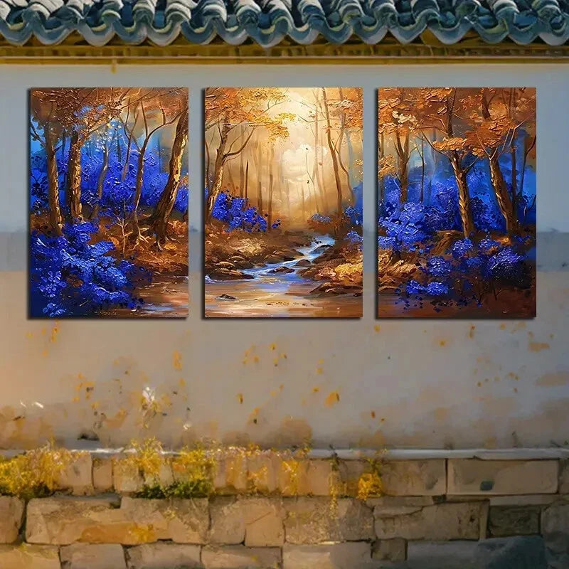 3pcs Fairy Tale Forest with Blue Floral Metal Print Ready to Hang Art - Bella Home Decor