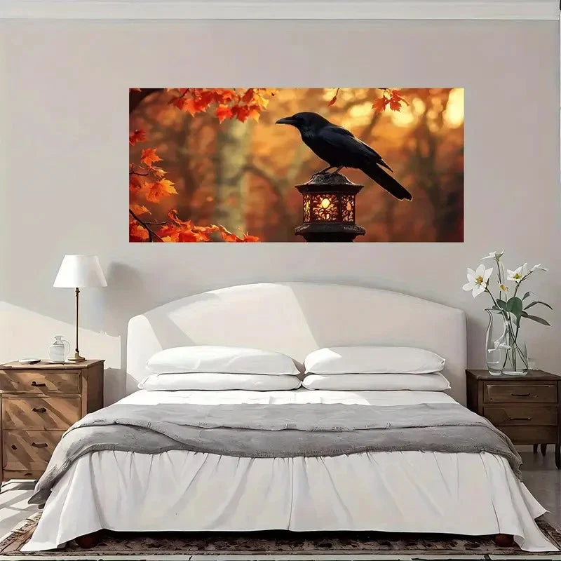 Autumn Leaves Raven Lantern Wall Art Canvas Office Home Room Framed 120x60cm