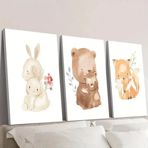3pcs Cartoon Bunny & Bear Family, Cute Animal Wall Art Canvas Unframed - High Quality Print 100% Australian Made Wall Canvas - Bella Home Decor