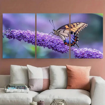3pcs Shot of Purple Buddleia Flower with Butterfly Metal Print Ready to Hang Art - Bella Home Decor