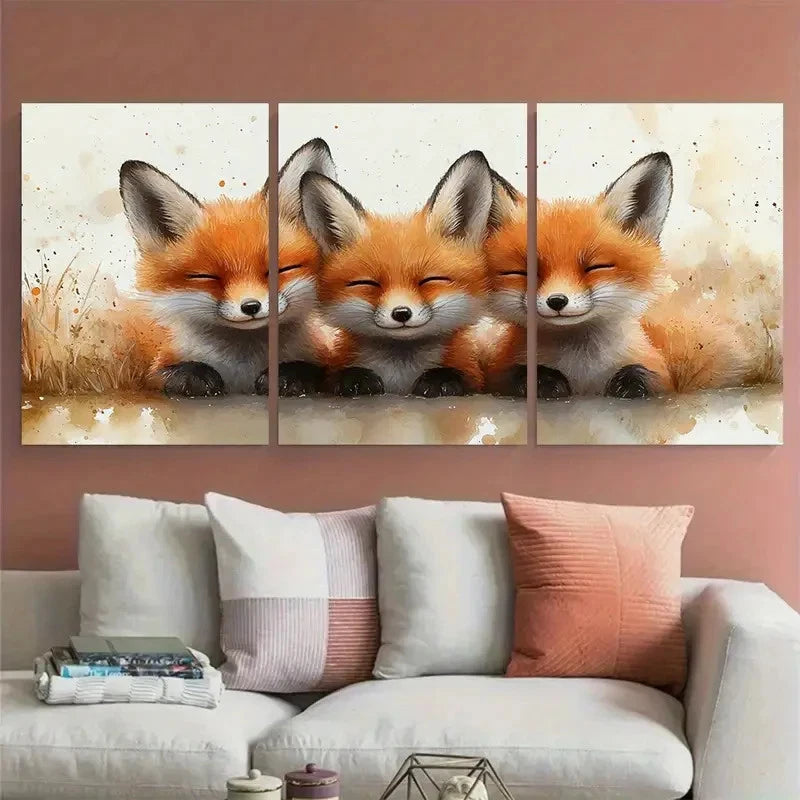 3pcs Cute Fox Family Kisses Watercolour Wildlife  Metal Print Ready to Hang Art