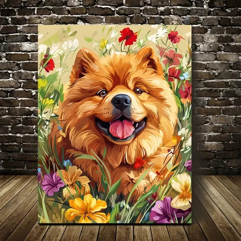 Flowers And Plants Cute Chow Chow Dog Painting 40x60cm Metal Print Ready to Hang - Bella Home Decor