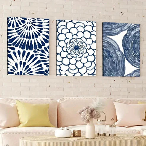 3pcs Abstract Geometric Navy Blue Floral Design Wall Art Canvas Unframed - High Quality Print 100% Australian Made Wall Canvas - Bella Home Decor