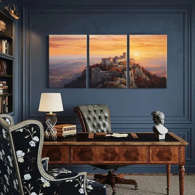 3pcs Sunset Castle Landscape Mountains Metal Print Ready to Hang Art - Bella Home Decor
