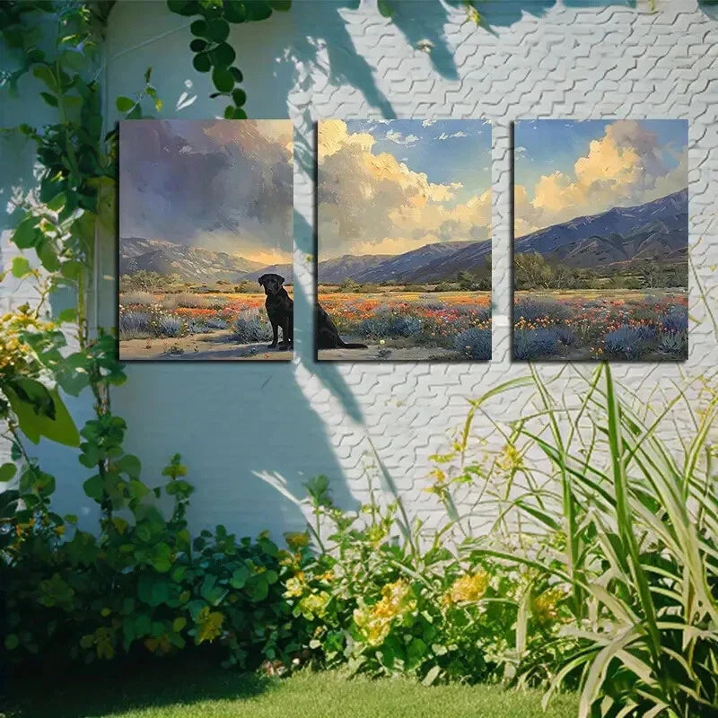 3pcs Rainbow Flowers and A Little Dog on The Field Metal Print Ready to Hang Art - Bella Home Decor