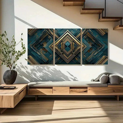 3pcs Abstract Geometric Wall Art with Metallic Metal Print Ready to Hang Art - Bella Home Decor