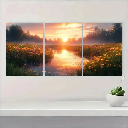3pcs Soothing Morning Meadow Warm Pastel Sky Metal Print Ready to Hang Art - Bella Home Decor