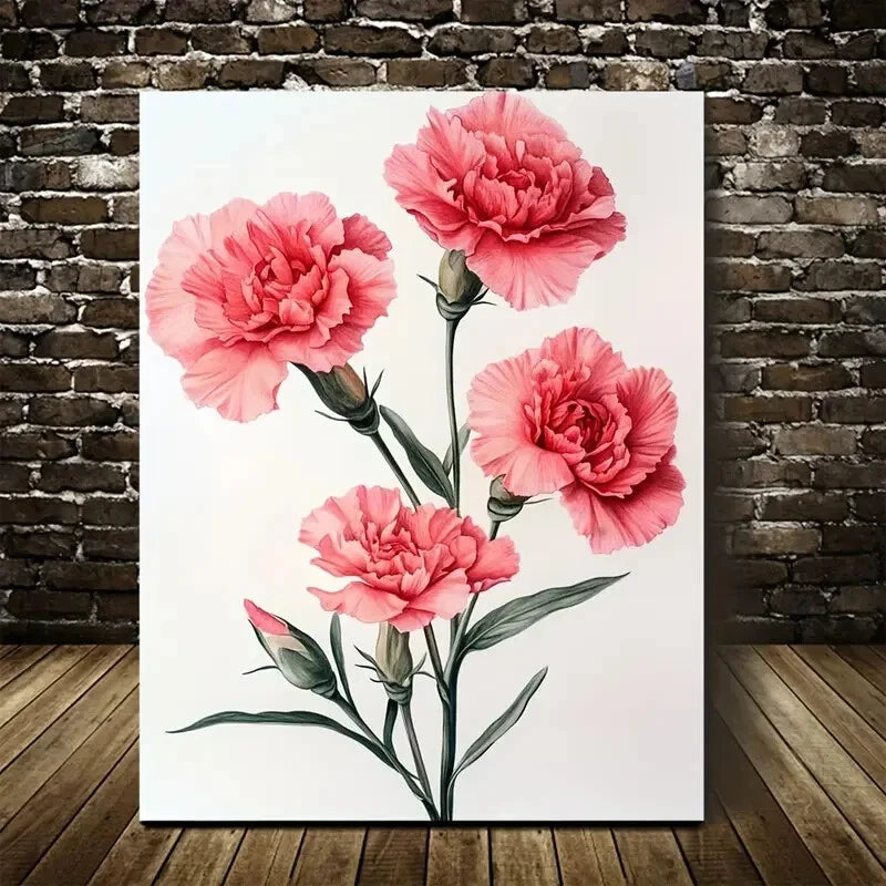 Vibrant Pink Flowers with Green Leaves Painting  40x60cm Metal Print Ready to Hang - Bella Home Decor