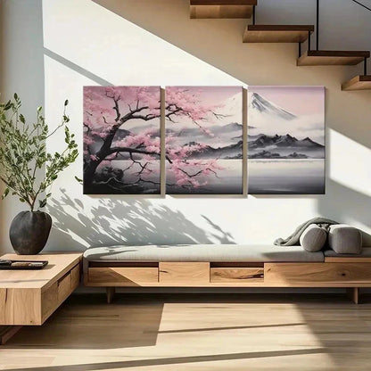 3pcs Sakura Blossoms & Snow Capped Mountain Wall Art Set Canvas Framed 60x90cm - High Quality Print 100% Australian Made Wall Canvas Ready to Hang