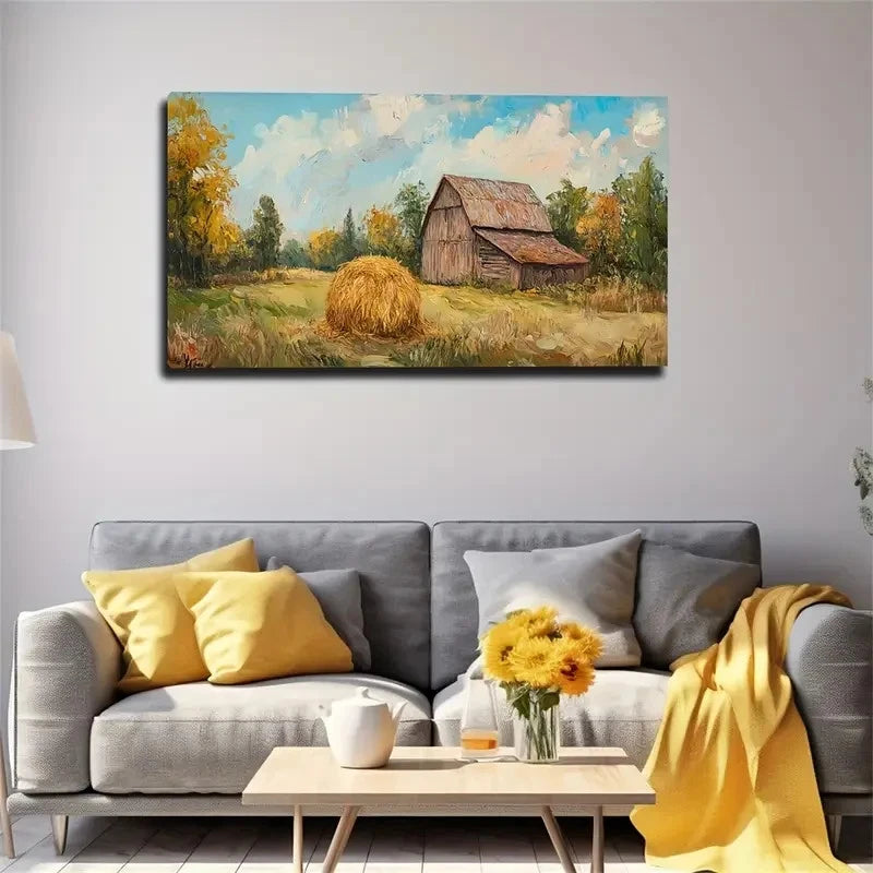Rustic Farmhouse With Hay Bale Wall Art Canvas Office Home Room Framed 120x60cm