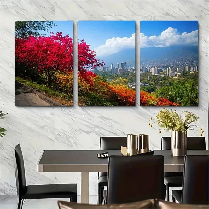 3pcs Vibrant Tropical Cityscape Lush Perfect Wall Art Set Canvas Framed 50x70cm - High Quality Print 100% Australian Made Wall Canvas Ready to Hang