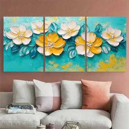 3pcs Spring Abstract Textured Turquoise and Yellow Metal Print Ready to Hang Art - Bella Home Decor