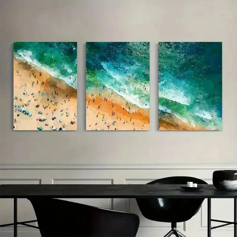 3pcs Crowded Beach with Green Seawater Poster Metal Print Ready to Hang Art - Bella Home Decor