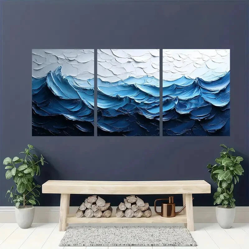 3pcs Original White Wave Texture Painting Metal Print Ready to Hang Art - Bella Home Decor