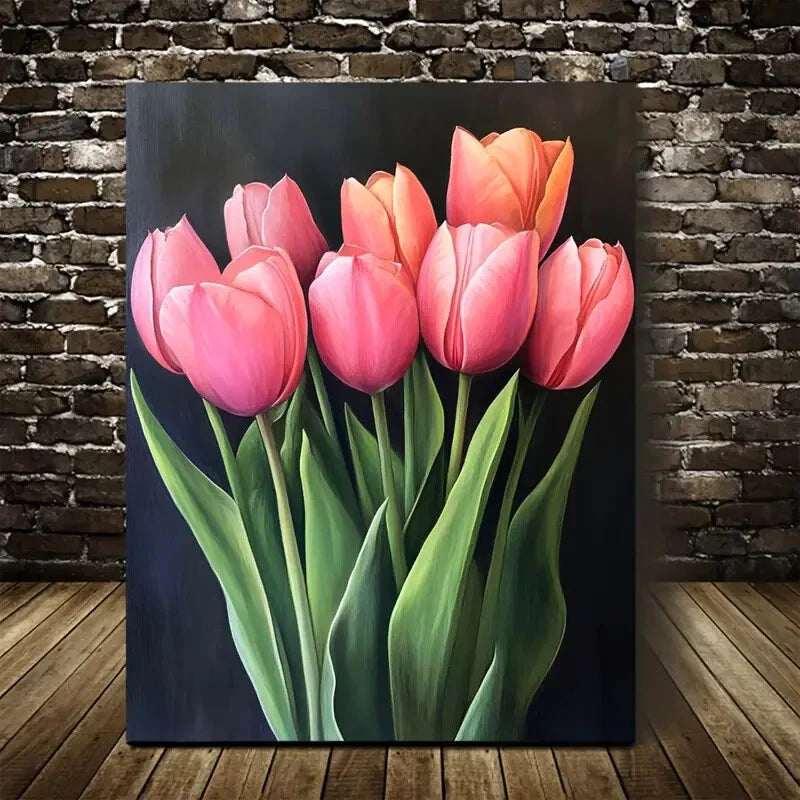 Vibrant Pink Tulips with Green Stems Painting 40x60cm Metal Print Ready to Hang - Bella Home Decor