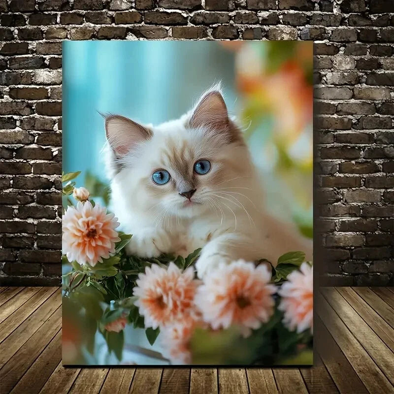 Cute Birman Kitten with Blue Eyes & Pink Flowers 40x60cm Metal Print Ready to Hang - Bella Home Decor