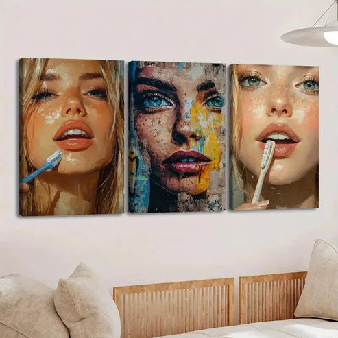 3pcs Abstract Face Makeup Vibrant Blue & Golden Wall Art Set Canvas Unframed - High Quality Print 100% Australian Made Wall Canvas - Bella Home Decor