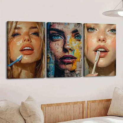 3pcs Abstract Face Makeup Vibrant Blue & Golden Wall Art Set Canvas Unframed - High Quality Print 100% Australian Made Wall Canvas - Bella Home Decor