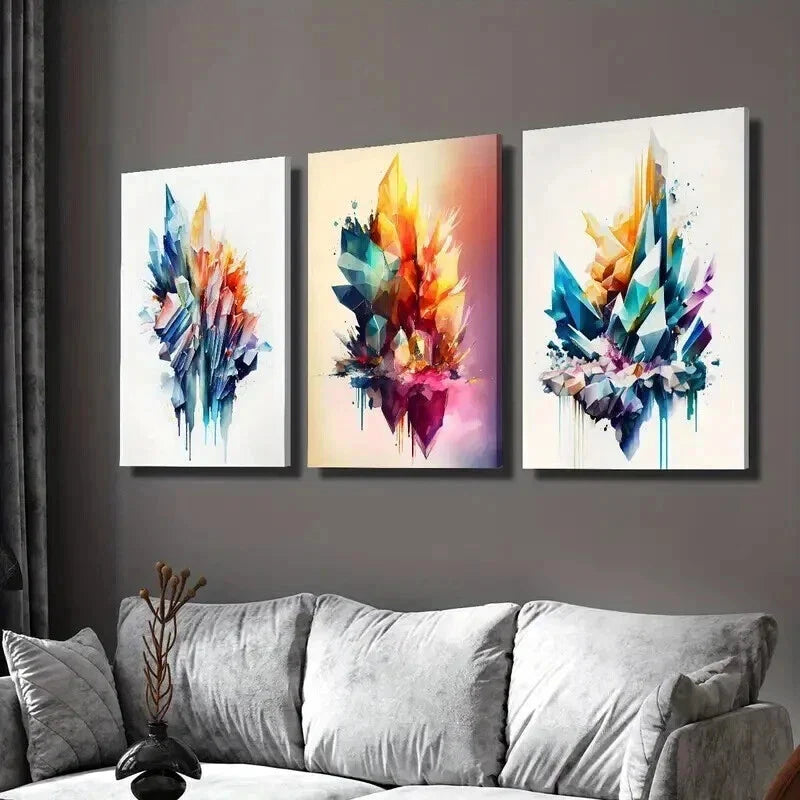3pcs Geometric Crystal Stone Painting Wall Art Canvas Unframed - High Quality Print 100% Australian Made Wall Canvas - Bella Home Decor