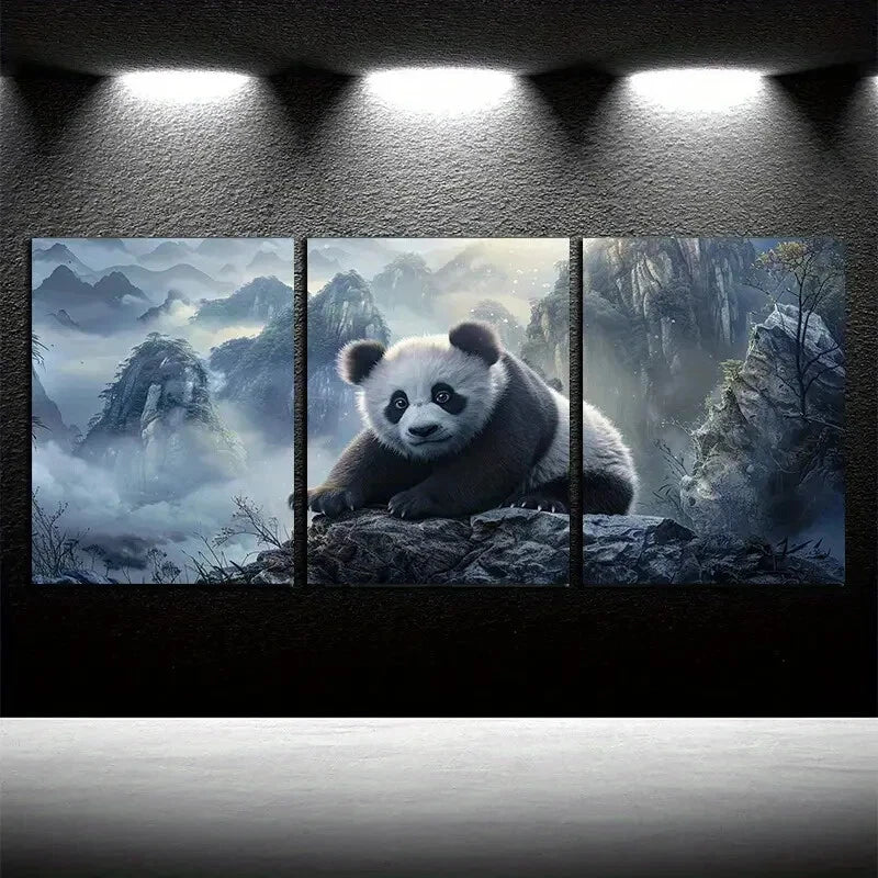 3pcs Panda Desperately Grasps The Rock Surface Metal Print Ready to Hang Art - Bella Home Decor