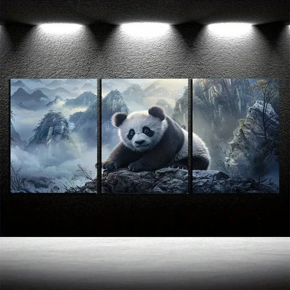 3pcs Panda Desperately Grasps The Rock Surface Metal Print Ready to Hang Art - Bella Home Decor