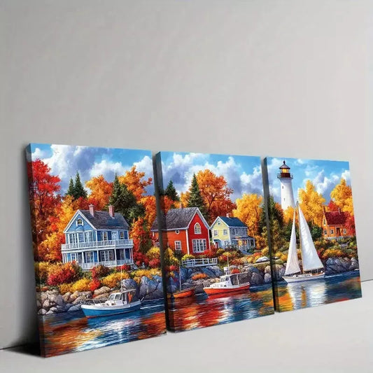 3pcs Vibrant Harbour and Colourful Houses Boats Wall Art Set Canvas Framed 50x70cm - High Quality Print 100% Australian Made Wall Canvas Ready to Hang