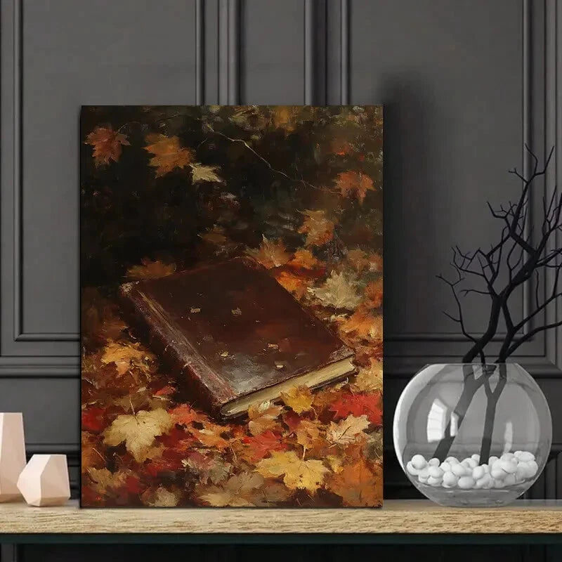 Autumn Reverie Dark Academia Leaves and Book 40x60cm Metal Print Ready to Hang - Bella Home Decor