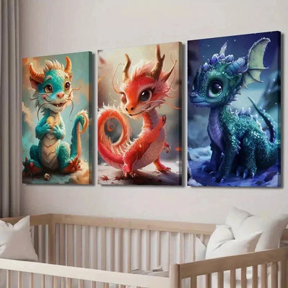 3pcs Cute Little Oriental Fantasy Dragon Wall Art Set Canvas Unframed - High Quality Print 100% Australian Made Wall Canvas - Bella Home Decor
