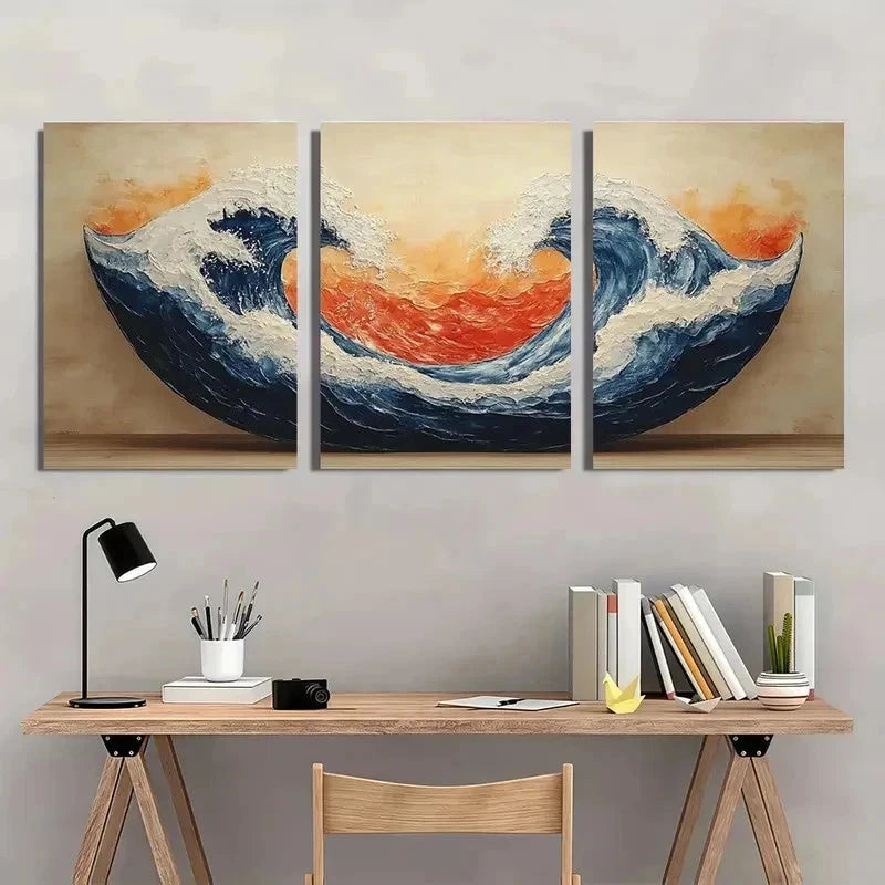 3pcs Ocean Waves Ukiyo-E Style Japanese Perfect Wall Art Set Canvas Framed 60x90cm - High Quality Print 100% Australian Made Wall Canvas Ready to Hang