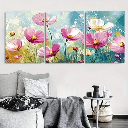 3pcs Pink Cosmos Floral Abstract Wall Art Canvas Unframed - High Quality Print 100% Australian Made Wall Canvas