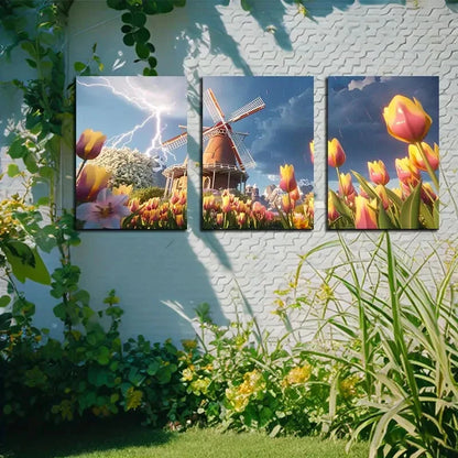 3pcs Lightning Strikes Windmill & Tulips Metal Print Ready to Hang Art - Bella Home Decor